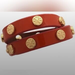 Tory Burch Red Double Wrap Logo Stud Bracelet